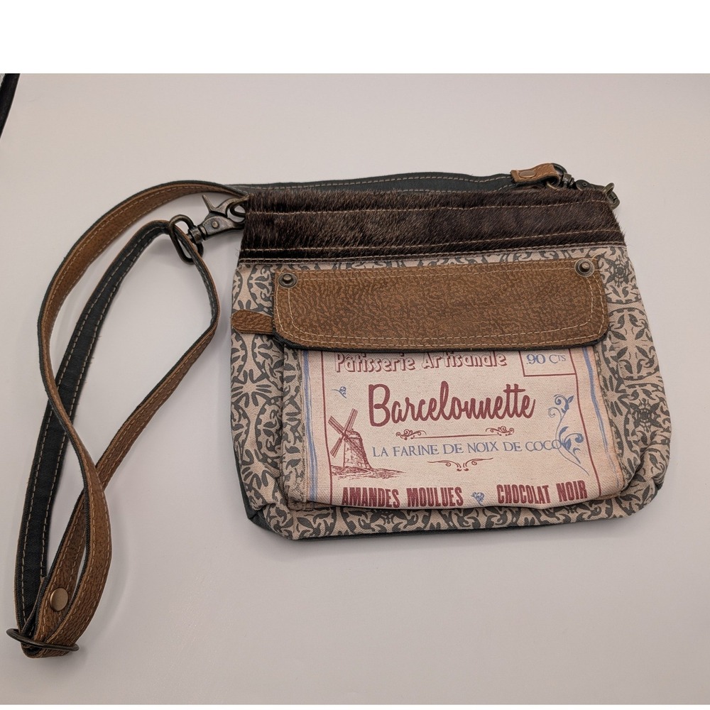 Myra Bag Barcelonnette Canvas Leather Hair-on Crossbody Bag Vintage French Print